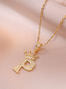 项链女新款时尚锆石皇冠英语字母吊坠简约个性女士项链颈链