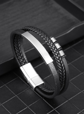 新品简约不锈钢皮绳手链男士钛钢多层编织手镯流行饰品现货