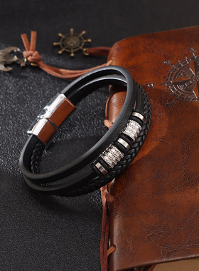 皮革多层手工编织锌合金皮质手链欧美时尚男士皮绳手环新品