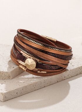 复古多层蛇纹皮革手链女士欧美风磁扣皮绳手环时尚百搭配饰现货
