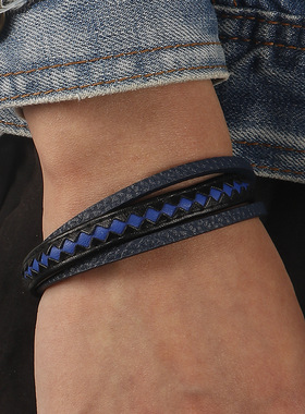 欧美创意混色多层编织皮革手链男士时尚通勤简约磁铁扣手镯现货