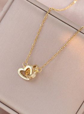 项链女双环爱心锆石韩系时尚气质简约风桃心耳环套装锁骨链