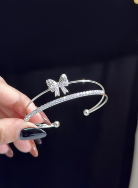 锆石双层花朵开口手镯轻奢高级感手环精致冷淡风手环百搭通勤手饰