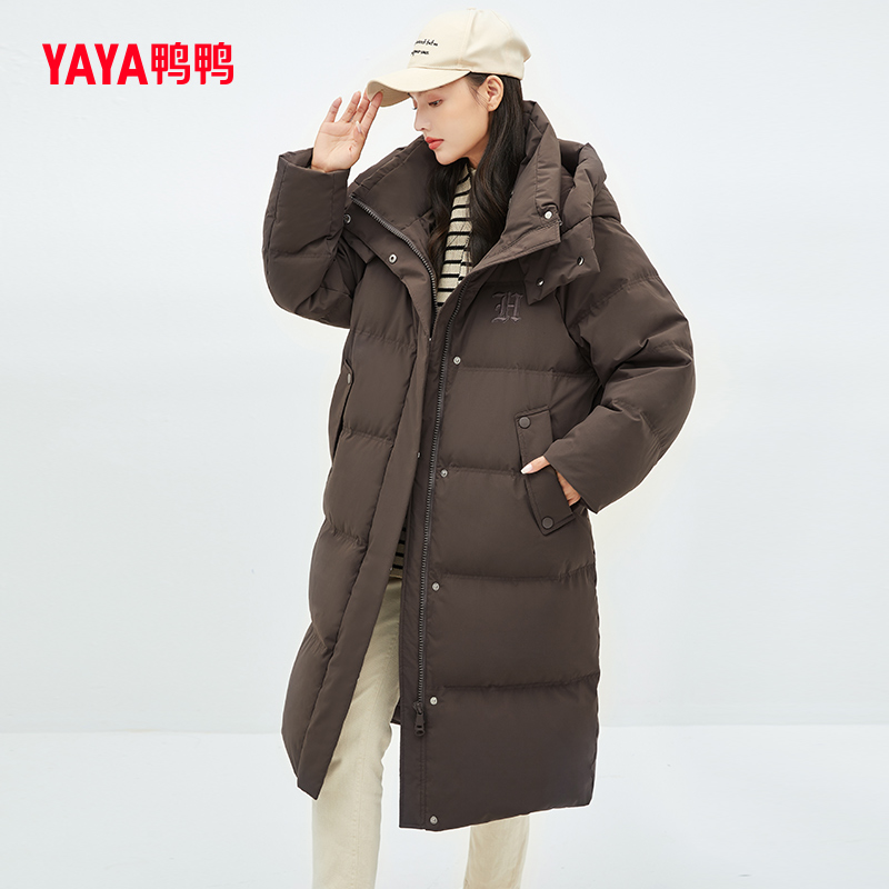 鸭鸭明星同款羽绒服女中长款加厚连帽高端前胸立体绣花字母中长款