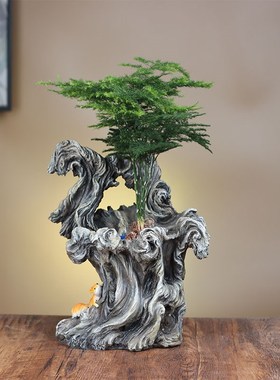桌面摆件微景观造景植物仿树桩花盆树根桌面装饰摆件绿植盆栽室内