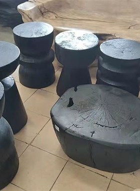 侘寂风实木墩子黑色凳设计个性边角几民宿创意底座