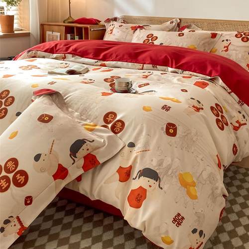 红色喜庆结婚床上用品四件套轻奢高级感被套床单新婚喜被厂家 - 图1