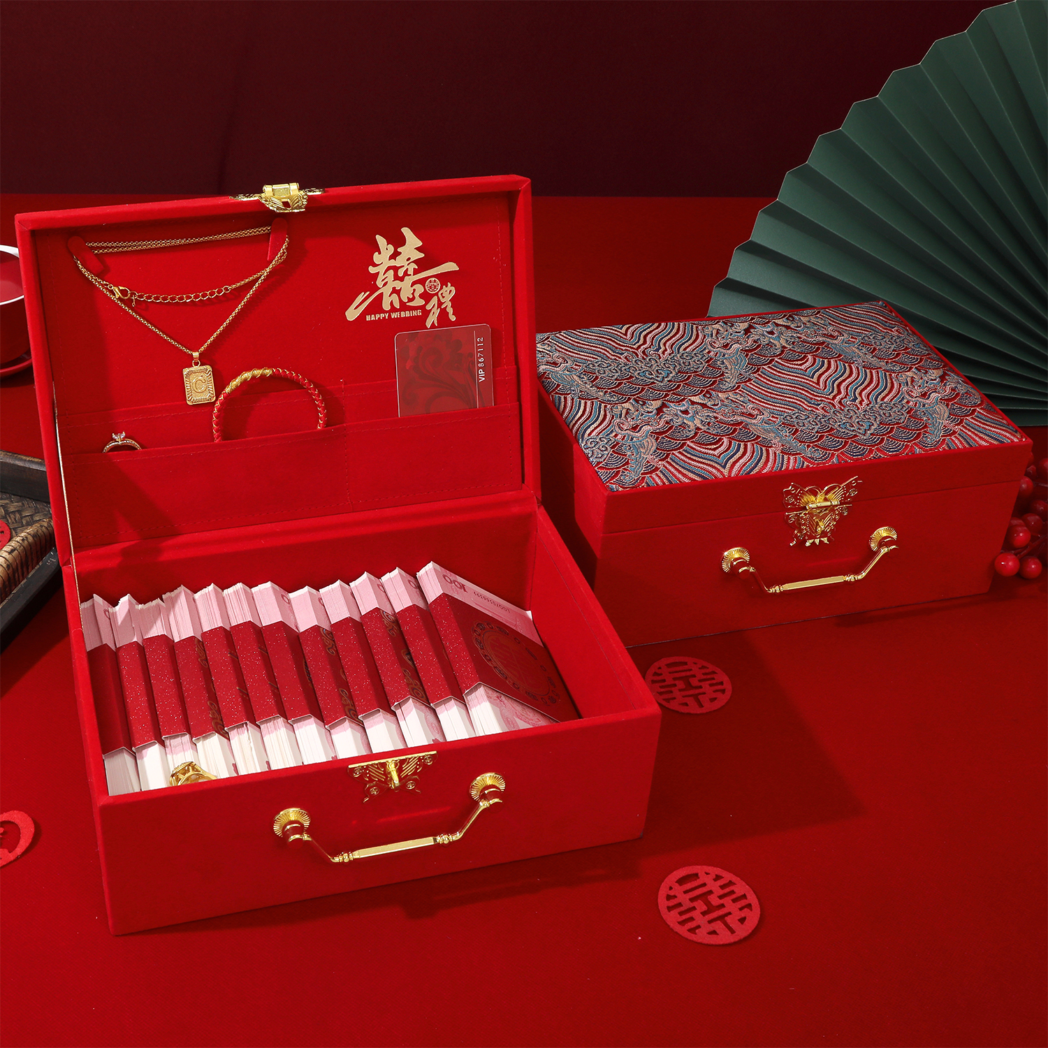 结婚彩礼钱盒子提亲嫁妆订婚陪嫁礼金箱10万20万现金三金聘金聘礼 - 图0