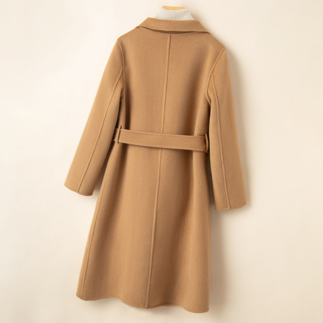 New autumn and winter double-sided cashmere coat for women mid-length knee-length suit collar solid color lace-up bathrobe woolen coat