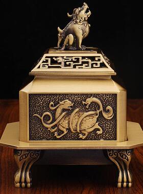 黄铜香炉中式家居办公室香薰炉复古做旧四大神兽四方炉金属工艺品