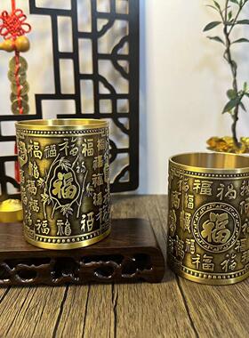 铜工艺品铜摆件精雕百福笔筒浮雕百福笔筒办公室摆件