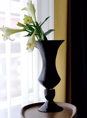 法式中古手工玻璃黑色高级花瓶高级感复古软装花器客厅卧室摆件