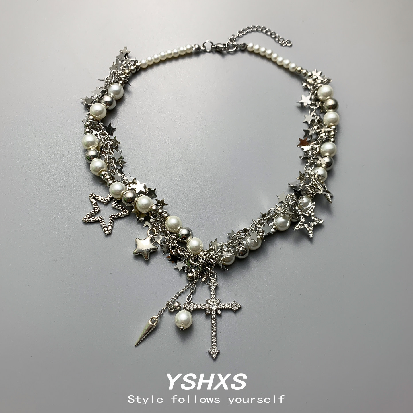 YSHXS银色星星十字架流苏吊坠项链女小众设计感拼接毛衣链配饰,淘宝优惠券,粉丝福利购,淘宝优惠卷