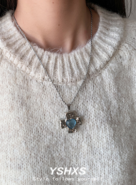 十字蓝色爱心冷淡风项链