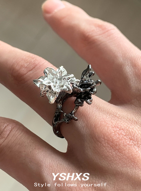 黑白双色花戒指女小众设计感