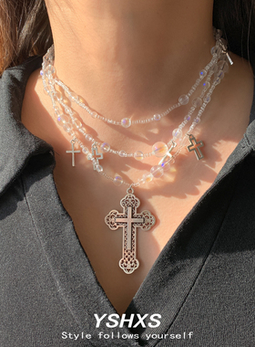透明串珠十字架多层甜酷锁骨链