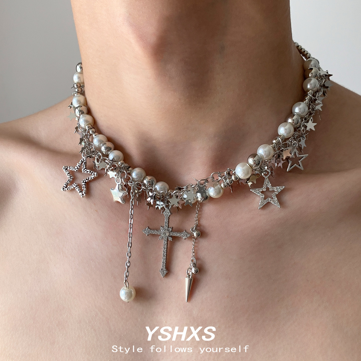 YSHXS银色星星十字架流苏吊坠项链女小众设计感拼接毛衣链配饰,淘宝优惠券,粉丝福利购,淘宝优惠卷