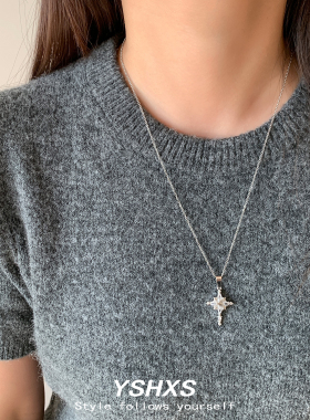 银色十字锆石小众甜酷钛钢项链