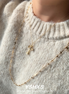 Y2K金色十字架双层长款毛衣链