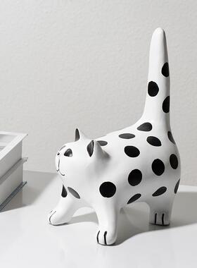黑白斑点长尾猫咪小众风摆件桌面客厅电视柜办公室酒柜家居装饰品