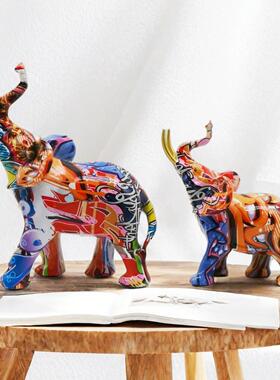 新品大象摆件炫彩客厅书房树脂工艺品简约酒柜玄关装饰品