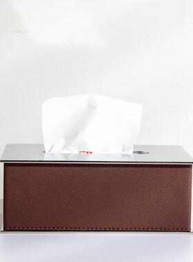 现代轻奢不锈钢马毛皮革纸巾盒创意样板间方抽纸盒餐桌茶几金属
