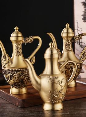 黄铜龙凤酒壶家居桌面工艺品摆件双鹤酒壶宴会婚庆复古小铜器