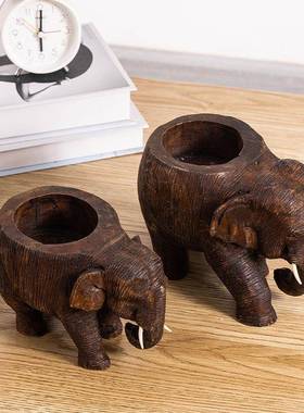 东南亚实木雕刻小大象烟灰缸家用客厅创意个性防风动物办公室摆件