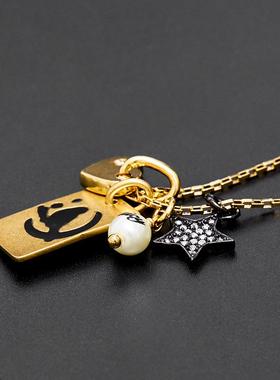 复古风时尚气质黑色小鸟印花方牌爱心珍珠星星多坠拉珠项链锁骨链