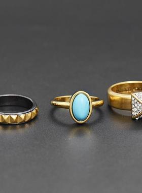 宫廷复古风大气时尚镶钻方形铆钉椭圆形宝石三件套闭口戒指指环女