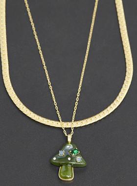 欧美时尚气质镶钻绿色蘑菇吊坠双层项链哑光金色扁蛇骨链锁骨链女