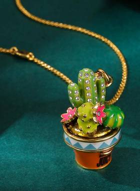 珐琅釉镶钻绿色植物仙人掌花朵可打开吊坠可爱立体时尚盆栽挂饰潮