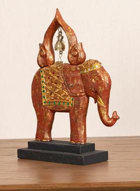 东南亚风格软装饰品泰式客厅摆设木质雕刻大象做旧铃铛客厅摆件