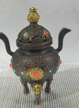 古玩仿古铜器镶嵌宝石铜三足香炉居家工艺品摆件