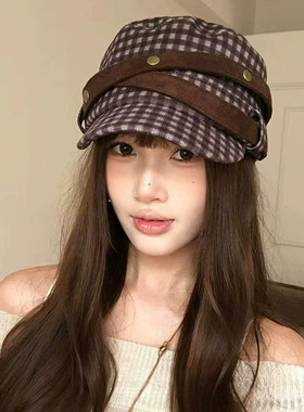 日系复古格纹显脸小马术帽女秋冬