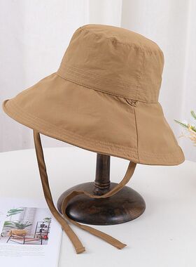 简约纯色渔夫帽女夏季薄款防晒绑带速干沙滩遮阳轻便可折叠太阳帽
