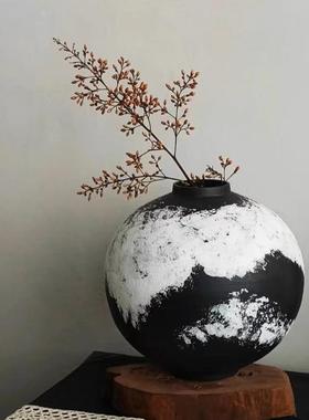 新中式日式手工陶罐墨羽花器诧寂风装饰品摆件样板间酒店陶瓷花瓶