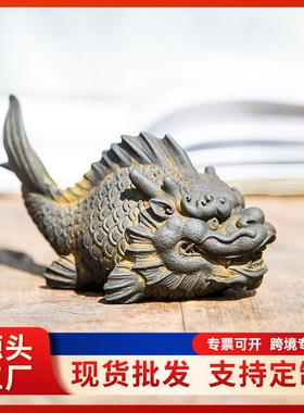 新中式国风创意龙鱼家居客厅书房摆件作旧复古工艺品纯手工装饰品