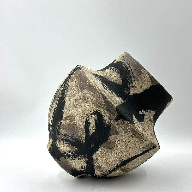 中古侘寂风水墨陶瓷花瓶家居样板间软装粗陶罐插花器桌面玄关摆件,淘宝优惠券,粉丝福利购,淘宝优惠卷