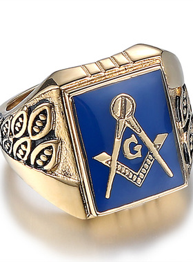 欧美潮流朋克钛钢男士戒指新款复古滴胶共济会时尚HZ055潮流配饰