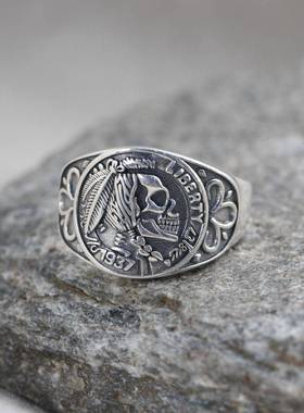 网红-S925银复古工艺时尚泰银印第安人骷髅头开口指环男女银戒指