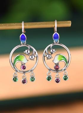 网红- S925银戒指 优雅文艺烧蓝牵牛花喇叭花女款耳坠套装礼物