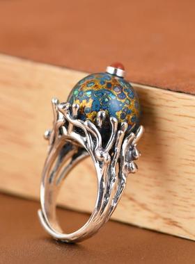 网红- S925银戒指 复古时尚繁花镶大漆圆珠潮人大版女款指环饰品