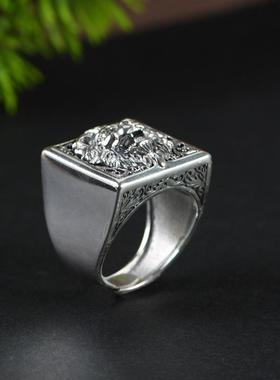 S925银复古工艺戒指男款朋克风雄狮方形板戒跨境银指环