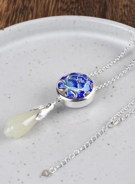 网红- S925银民族风和田玉兰花吊坠 女款银烧蓝牡丹孔雀项链套链