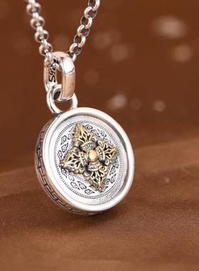 网红- S925泰银吊坠 复古做旧金色金刚杵可转动十二生肖圆牌吊饰