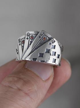 网红-S925银复古泰银工艺银戒指男款开口扑克牌跨境饰品