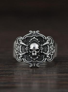 网红-S925纯银复古工艺食指戒男款朋克风骷髅头骨头戒指指环