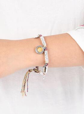 网红 925银盘缠手链 编绳锤纹银圈圈吉言文字黄财像女手串