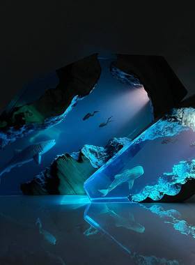 鲸鲨和情侣潜水员小夜灯微型世界灯，型环氧树脂木冬季父亲节礼物